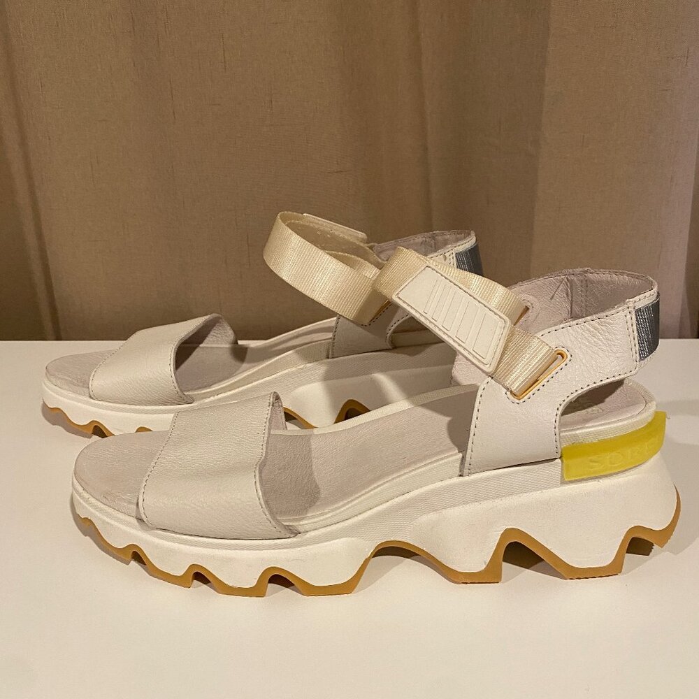 Sorel White Platform Sport Sandals with Yellow Heel Accent